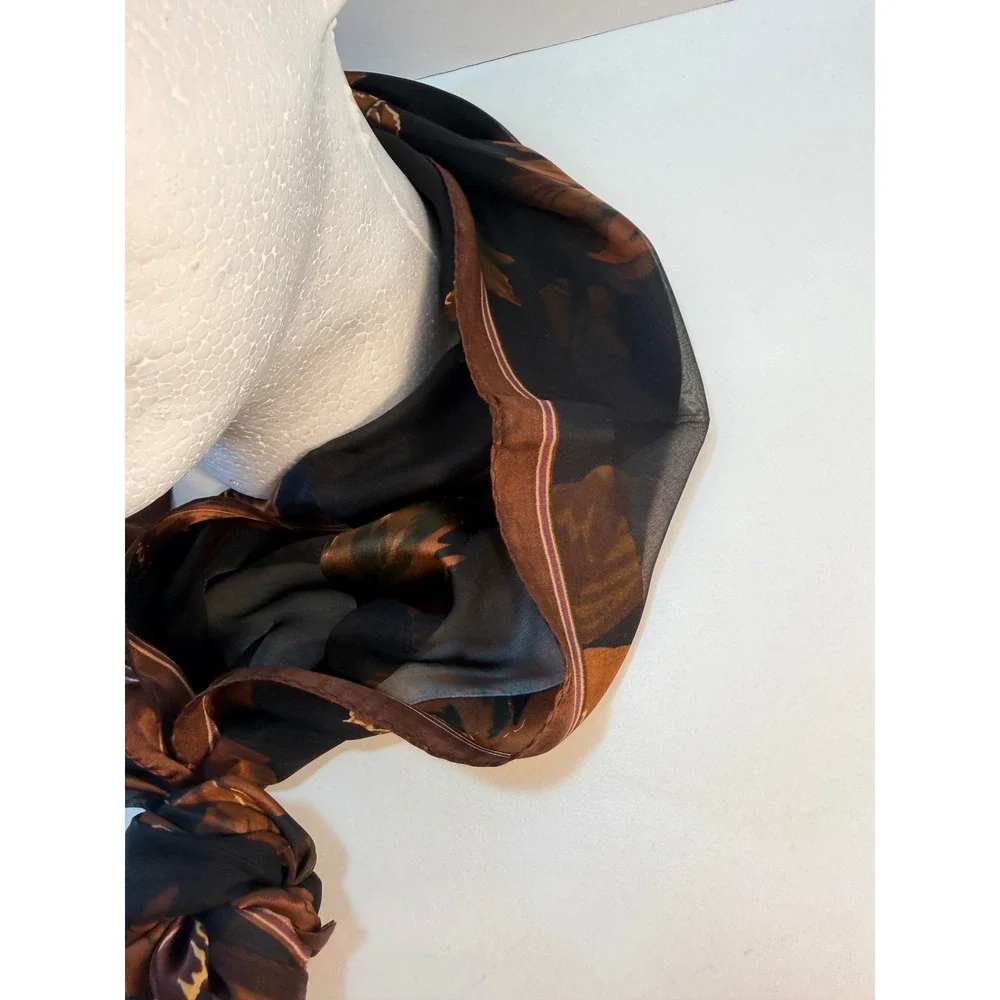 Silk Scarf Womens Brown Black Autumn Fall Leaves Sheer Stripe Square Vintage
